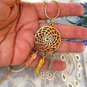 Vintage Dreamcatcher Feathers Pendant Necklace 24"